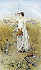 Donna con grano e papaveri - allegoria della tarda estate, calendario illustrato da Hubert Dys, dipinto da F.H. Kaemmerer da Frederik Hendrik Kaemmerer