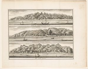 Varie fortificazioni della VOC a Ceram Laäla presso Compagnies Sagoe-bosch / Loehoe, e la Fortezza Overburg / Il villaggio Saway da Frederik Ottens