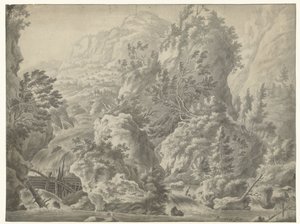 Paesaggio montano con cascata da Frederik de Moucheron