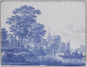 Placca rettangolare con paesaggio fluviale da Frederik van Frytom (attributed to)