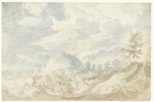 Paesaggio montano con vista su una valle (del Danubio?) e un campanile da Frederik van Valckenborch
