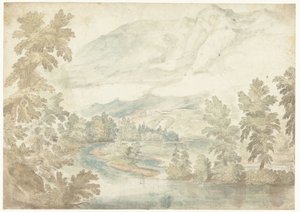 Curva in un fiume che scorre attraverso una valle con alte montagne da Frederik van Valckenborch