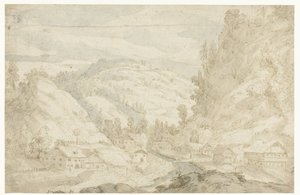 Veduta di una valle con un villaggio e un ruscello di montagna
