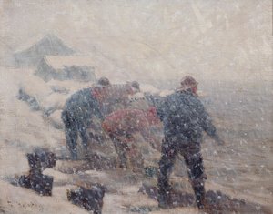 Pescatori tirano la rete in una tempesta di neve