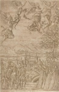 Un re e il suo seguito che affrontano delle dame sotto una battaglia celeste da French 17th Century