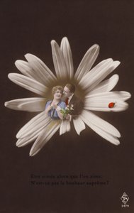 Una giovane coppia al centro di un fiore con una coccinella