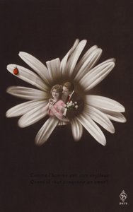 Una giovane coppia al centro di un fiore con una coccinella