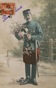 Soldato che porta un mazzo di fiori, cartolina di Capodanno