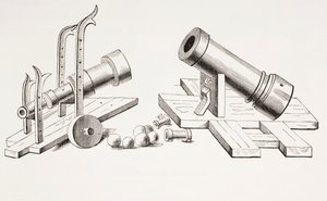 Cannoni del XV secolo, con affusto fisso (a destra) e affusto mobile (a sinistra) da Les Arts au Moyen Age, pubblicato nel 1873