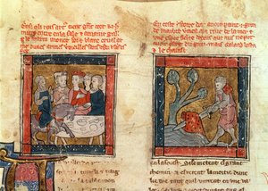 Galahad arriva da Artù e Galahad estrae la spada dalla pietra galleggiante nel fiume a Camelot, c.1250-80 (dettaglio) da French School