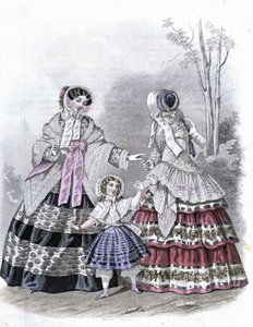 2 donne alla moda con una ragazza a passeggio - in "Journal des Demoiselles" 1852 da French School