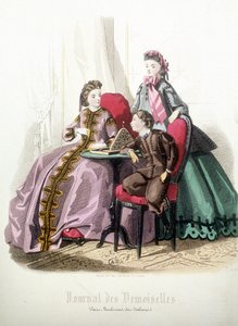 2 donne e un ragazzo: Moda - in "Magazine des damoiselles", dicembre 1864 da French School