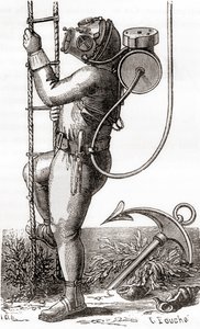 Un subacqueo del XIX secolo che indossa una tuta da immersione rivestita di gomma con casco e regolatore di serbatoio, da 