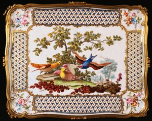 Un vassoio di Sevres Luigi XV decorato con tre uccelli esotici in un paesaggio, formando la parte superiore di un tavolo da caffè, 1761 da French School