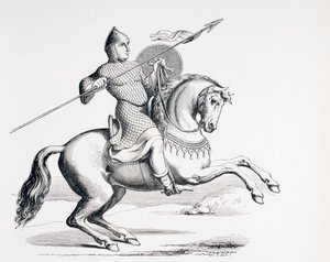 Un Cavaliere Normanno vestito con cotta di maglia e elmo che porta lancia e scudo, 1873