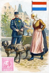 Un postino in Olanda che parla con una donna che consegna il latte in un carretto trainato da cani, fine XIX secolo da French School