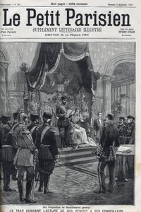 Proposta di disarmo generale (fatta alle potenze europee) - Lo zar Nicola II legge il suo rescritto ai suoi consiglieri. Le Petit Parisien