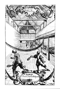 Una partita reale di tennis nel Jeu de Paume, Versailles, pubblicata da Charles Hulpeau