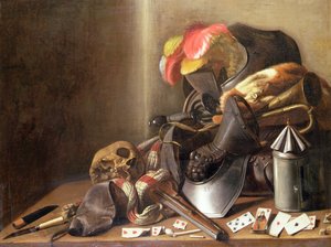 Natura Morta Vanitas con un Teschio, Carte da Gioco e Armatura, c.1650 da French School