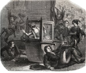 Un gruppo di burloni impedisce a Marie-Thérèse Le Vasseur (1721-1801), in costume per il Carnevale, di avanzare sulla sua sedia a rotelle. È vittima della vendetta di uno dei suoi ex amanti. Incisione del 1871 in "Storia dei cornuti celebri".