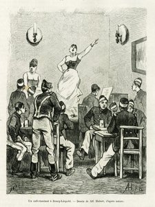 Un caffè cantante a Bourg Leopold. Incisione di A.Hubert per illustrare la storia La Belgique, di Camille Lemonnier, in le tour du monde 1886, diretto da Edouard Charton, Hachette, Parigi. da French School