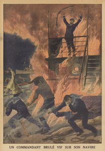 Un capitano bruciato vivo sulla sua nave (litografia a colori)