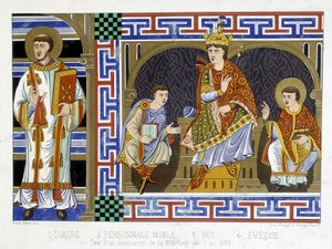 Un diacono, una figura nobile, un re e un vescovo che illustrano il popolo del decimo secolo; Illustrazione del diciannovesimo secolo tratta da 
