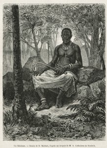 Un feticista, stregone capace di usare la forza magica dei feticci, disegno di D. Maillart, per illustrare la storia di un viaggio in Gabon e sul fiume Ogoué, nel 1875-1877, di Alfred Marche. Incisione in Le tour du monde