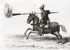 Un cavaliere medievale con una lancia infuocata, una delle prime armi a polvere da sparo nel mondo, da Les Merveilles de la Science, pubblicato c.1870
