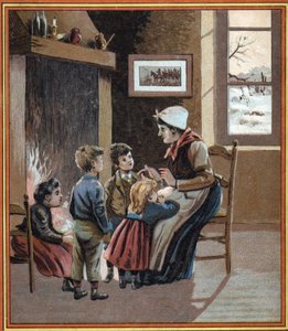 Una madre racconta storie ai suoi figli accanto al fuoco. Copertina del libro "Fiabe del focolare per i piccoli". Incisione anonima del XIX secolo