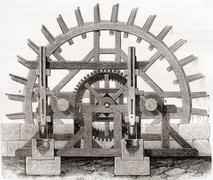 Un mulino a polvere e la sua ruota idraulica, da un disegno del XIX secolo, da Les Merveilles de la Science, pubblicato c.1870 (incisione) da French School