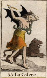 Rappresentazione della Rabbia vestita di stracci, tiene un pugnale e si strappa i capelli. Da "Mythology of Youth" di Pierre Blanchard 1803.