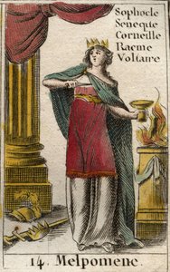Rappresentazione di Melpomene, musa della Tragedia, indossa una corona, uno scettro e un pugnale, oltre a una coppa di veleno. Da 