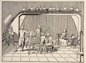 Un esperimento di respirazione nel laboratorio di Lavoisier, copia di Boris Mestchersky, illustrazione da Histoire de la Nation Francaise, Sciences, Volumi I & II, di Gabriel Hanotaux