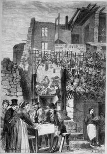 Un ristorante tra le rovine del castello di Saint Cloud durante il carnevale da French School