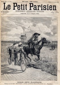 Un cavaliere gareggia contro velocipedisti: William Frederic Cody (1846-1917), noto come Buffalo Bill, conosciuto come Re dei Cowboy e i ciclisti Gaby e Fournier in tandem. Da 