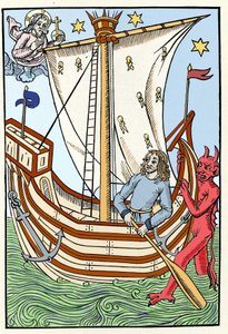 Una nave tra i pericoli del mare. Un demone afferrò la prua mentre Dio si manifestava a sinistra. Incisione da "Il Grande Calendario e Compost dei Pastori", Troyes 1491