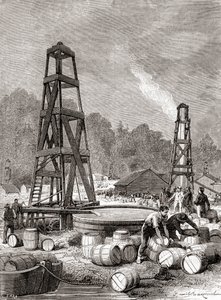Una fonte di petrolio a Oil Creek sul fiume Allegheny, Pennsylvania, USA nel 1858, scoperta da Edwin Laurentine Drake, alias Colonnello Drake, da 