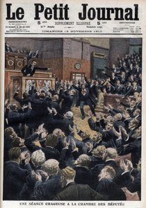 Una sessione tempestosa alla Camera dei Deputati - Il primo ministro Aristide Briand accusa il leader dei socialisti, Jean Jaurès, di violazione della legge - illustrazione da 