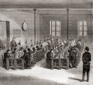 Una stazione telegrafica a Parigi, Francia c.1870, da Les Merveilles de la Science, pubblicato c.1870