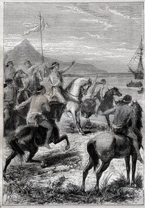 Una truppa di uomini a cavallo con una bandiera bianca: il vice ammiraglio John Byron (1723-1786) ricevuto dai nativi di Capo delle Vergini, alla bocca orientale dello stretto di Magellano nel 1764 - illustrazione da 
