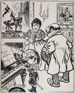 Un bronzo usato, caricatura con navi da guerra, spartito per Deroulede al pianoforte e statuetta di Giovanna d