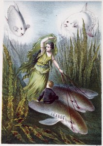 Una donna e un ragazzo che fuggono da pesci giganti su squali - in "Viaggio al centro del mare" di H. de la Blanchère. Parigi, ed. Jouvet et Cie, sd. 1880 da French School