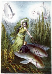 Una donna e un ragazzo che fuggono da pesci giganti su squali - in "Viaggio al fondo del mare" di H. de la Blanchère. Parigi, ed. Jouvet et Cie, sd. 1880. da French School
