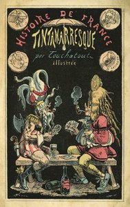 Una donna con una parrucca di piume e un uomo caricatura in Galli durante una partita a carte. Copertina di “Histoire de France Tintamarresque”, caricature di Touchatout, Parigi da French School