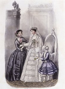 Una donna in abito da sposa circondata da una ragazza e una signora - in "Journal des Demoiselles" 1852 da French School