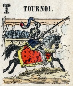 Abecedario. Lettera T come Torneo. Piccolo alfabeto enciclopedico, serie popolare. Immagini di Epinal, fine XIX secolo da French School