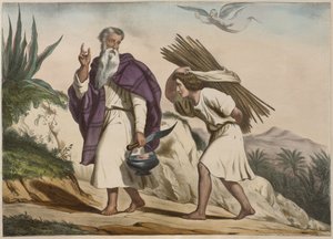 Abramo porta Isacco al Monte Moriah, illustrazione da un catechismo L