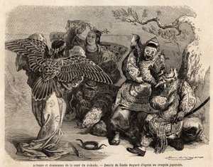 Attori e ballerini della corte del Mikado in costume di scena. Incisione per illustrare il viaggio in Giappone nel 1863-1864, di Aime Humbert, ministro della Confederazione Svizzera, in "Le tour du monde, nouveau journal des voyages", pubblicato sotto la d
