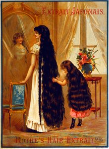 Pubblicità per Extrait Japonais, un prodotto per capelli che promuove la crescita dei capelli, 1895
